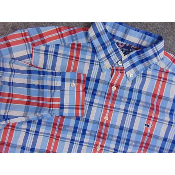 Vineyard Vines Shirt Mens XL‎ Slim Fit Whale Blue Red Plaid - Picture 1 of 9